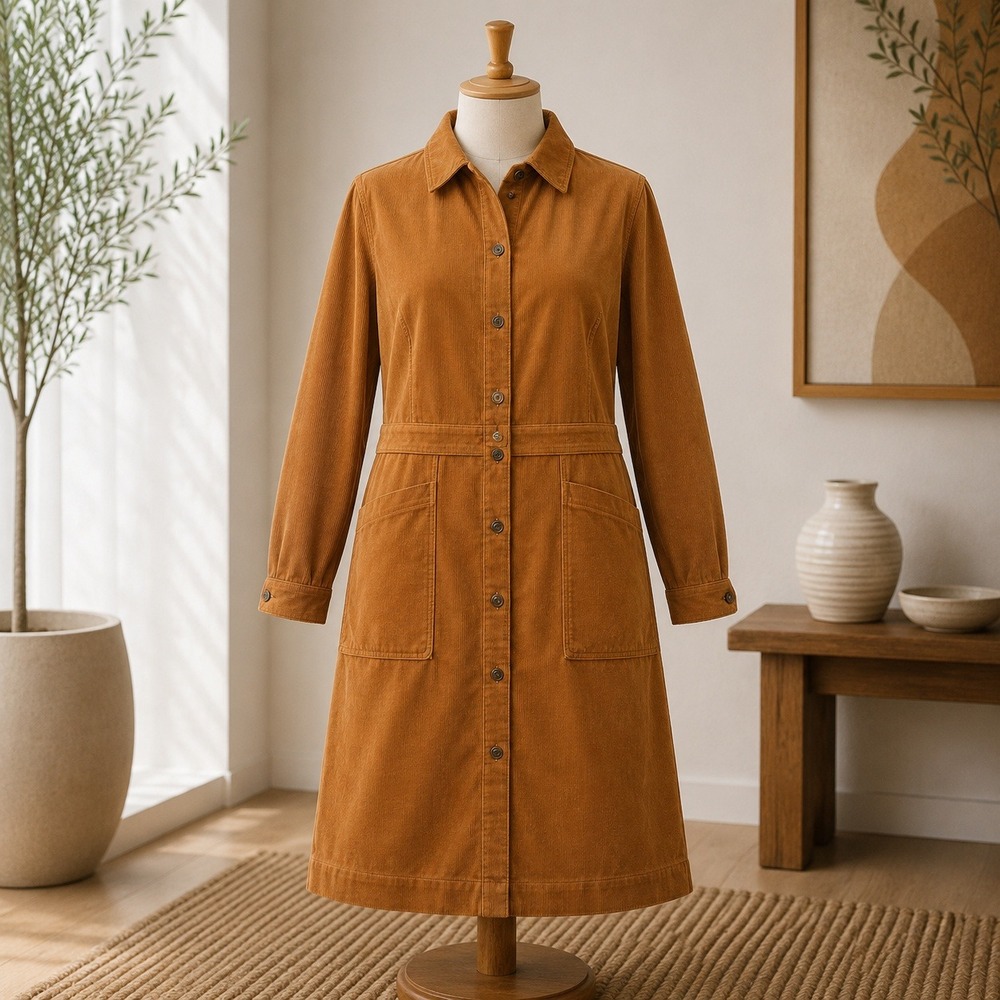 NWOT Joan Rivers Corduroy Shirt Dress Womens Medium Petite Brown Button Front